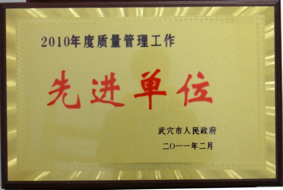 2010年度質量管理工作先進單位（黃岡亞東）