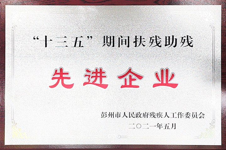 四川亞東及四川蘭豐榮獲彭州市人民政府殘疾人工作委員會(huì)所評(píng)頒發(fā)的“先進(jìn)企業(yè)”獎(jiǎng)牌