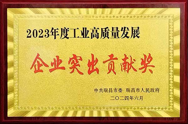2024年6月24日，瑞昌市召開2023年度全市綜合考核總結(jié)暨通報(bào)表揚(yáng)大會(huì)，江西亞東獲頒“2023年度工業(yè)高質(zhì)量發(fā)展企業(yè)突出貢獻(xiàn)獎(jiǎng)”。